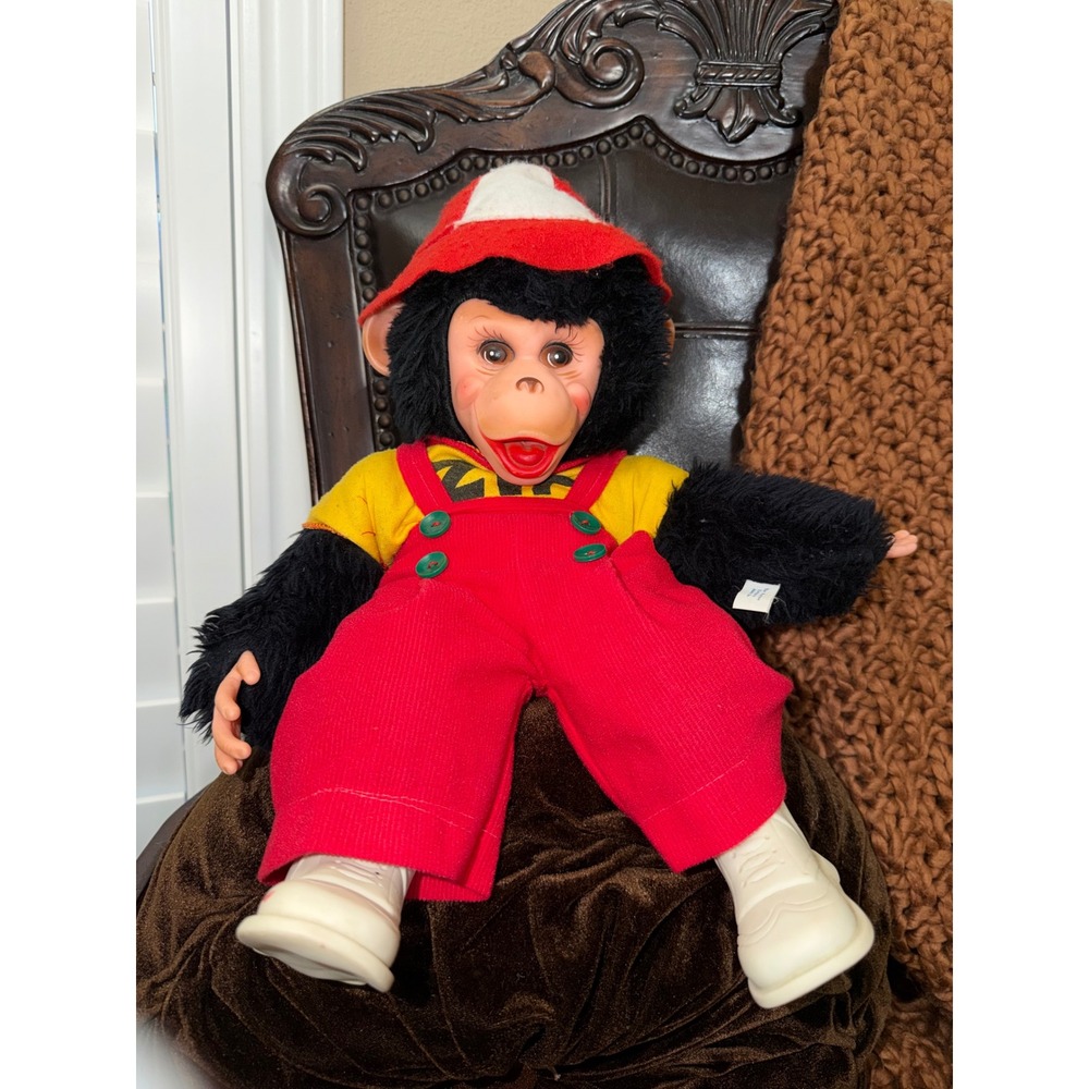 Vintage Rushton Star Creation Rubber Face Monkey Plush Red Overalls Hat Atlanta